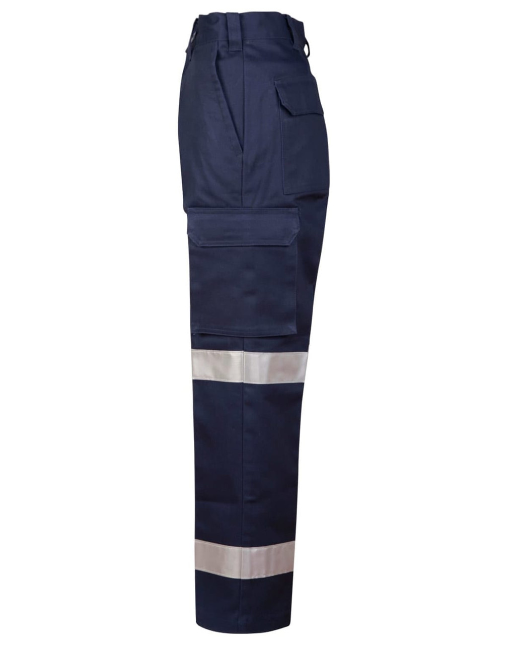 Long fit drill pants in navy blue with reflective 3M tapes and a leg pocket, featuring a side view.