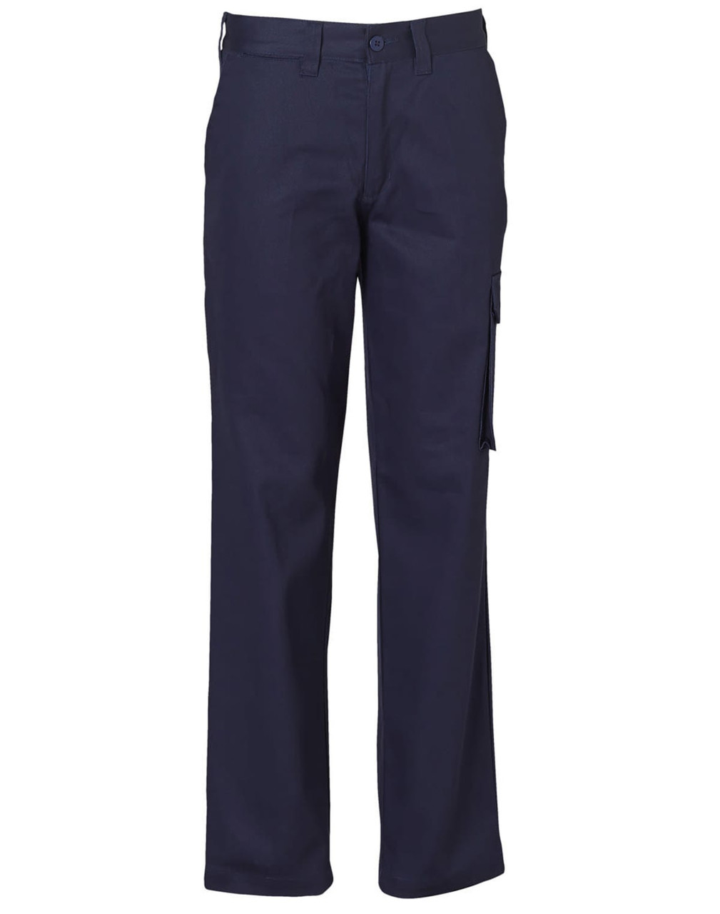 Navy cargo pants with pockets, featuring a button and zipper closure. Includes a branding logo on the waistband.