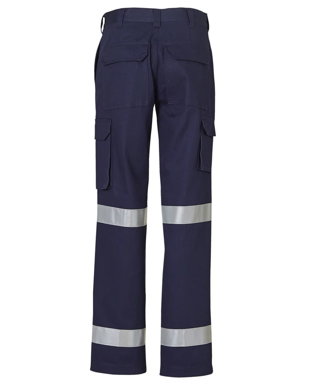 Heavy cotton cargo pants in navy blue with reflective 3M tape for visibility. Features multiple pockets and a back view.