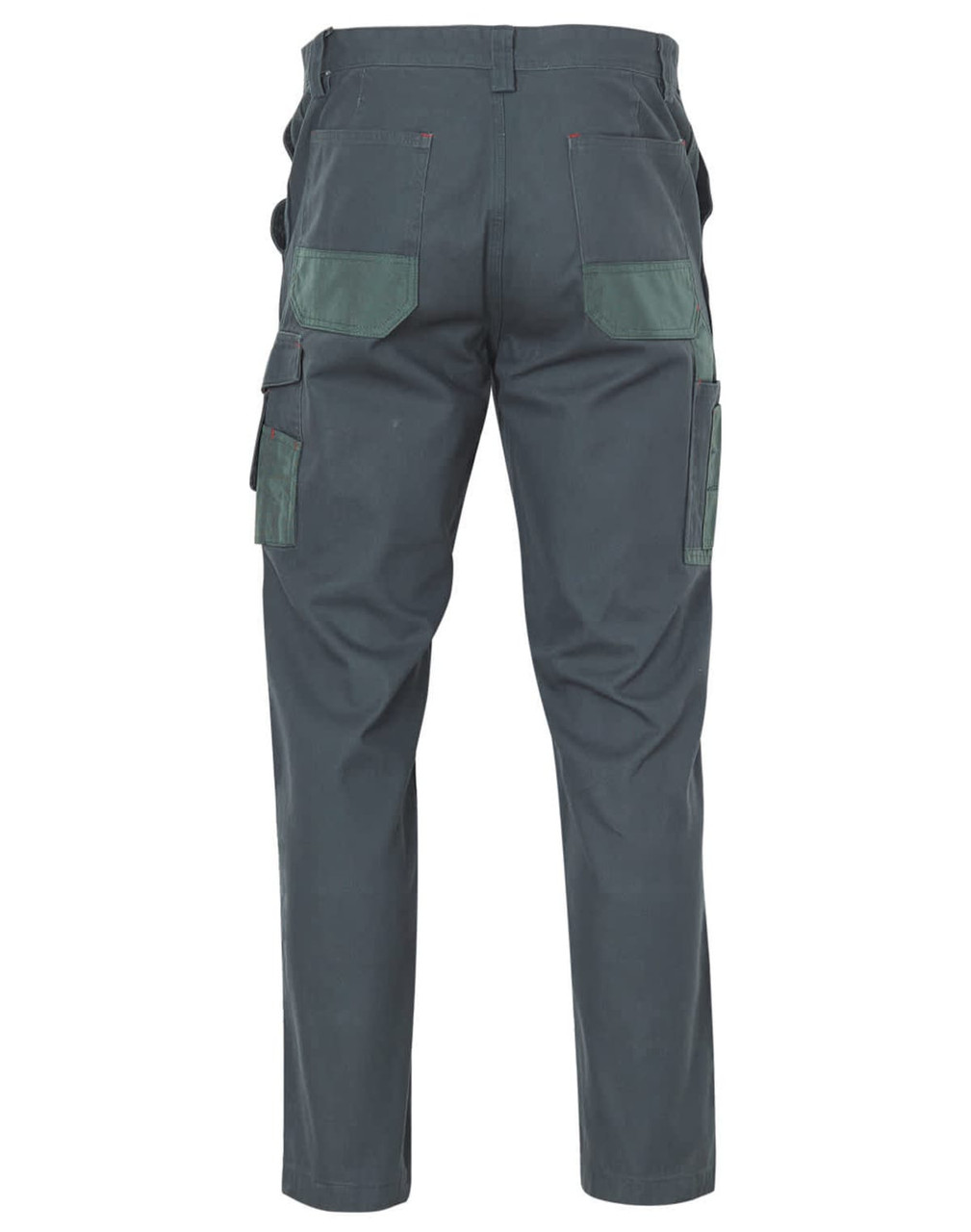 A pair of stout work pants in dark green, featuring multiple pockets and a durable design.