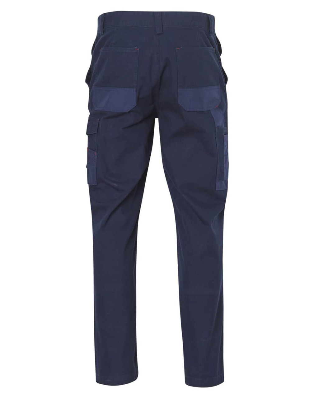 Durable navy work pants with multiple pockets and a fitted design, featuring a logo on the waistband at the back.