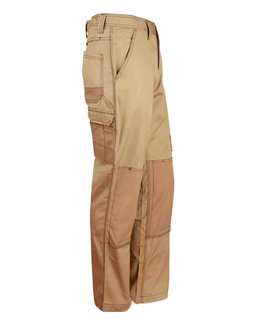 Light weight semi-fitted Cordura work pants in khaki, featuring multiple pockets and a logo.