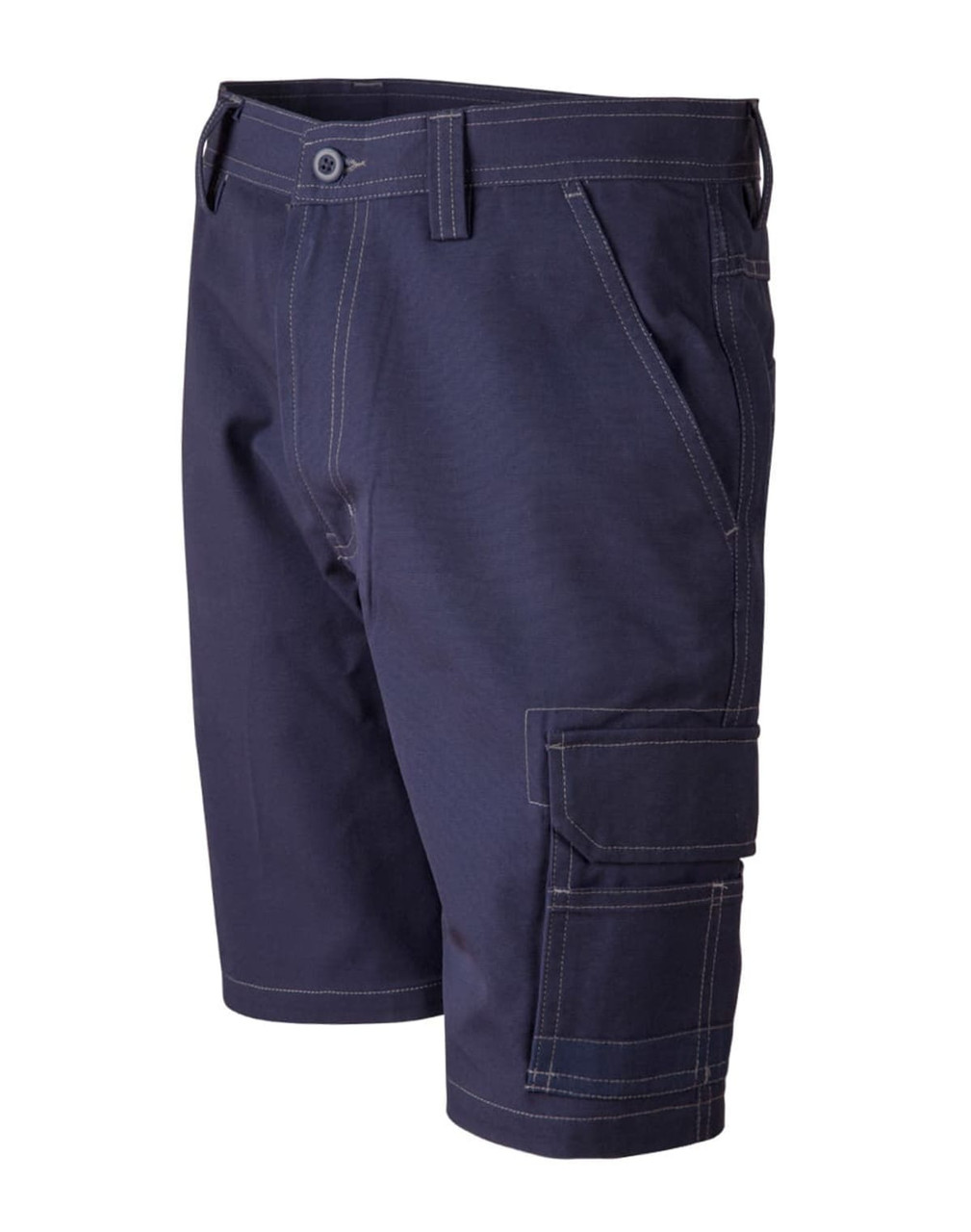 Lightweight semi-fitted work shorts in navy blue with cargo pockets and contrasting stitching. Features a logo.
