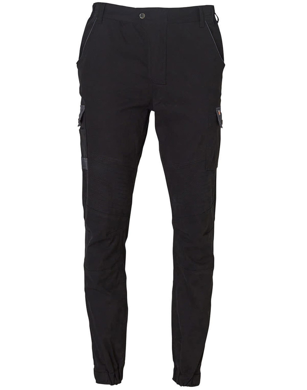 Black work pants featuring multiple pockets and a fitted design, with a logo on one side.