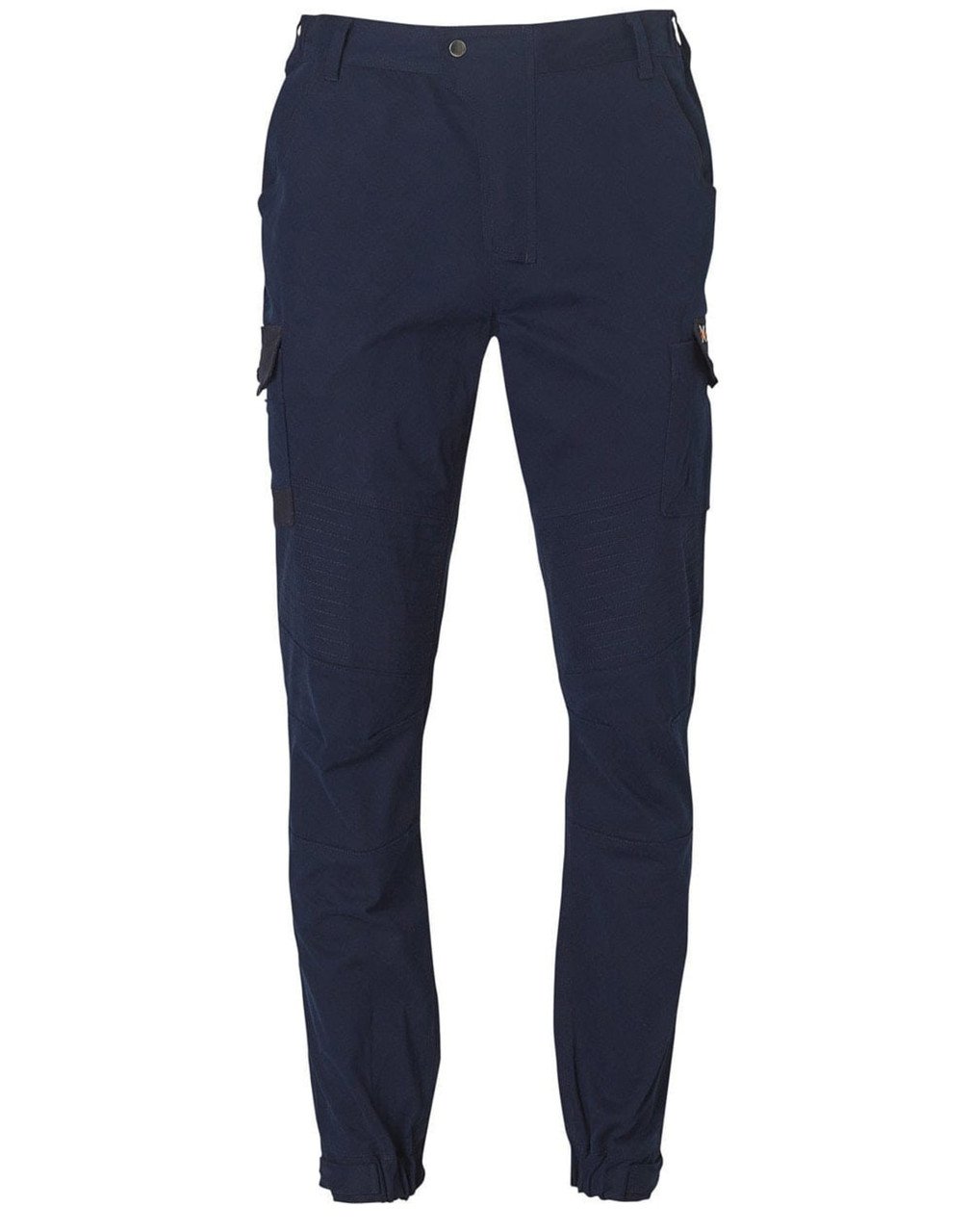 A pair of navy work pants with cargo pockets and an elasticated cuff, featuring a logo on the waistband.