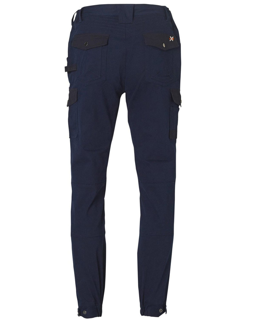 Navy workwear pants with black detailing, featuring multiple pockets and a branded logo.