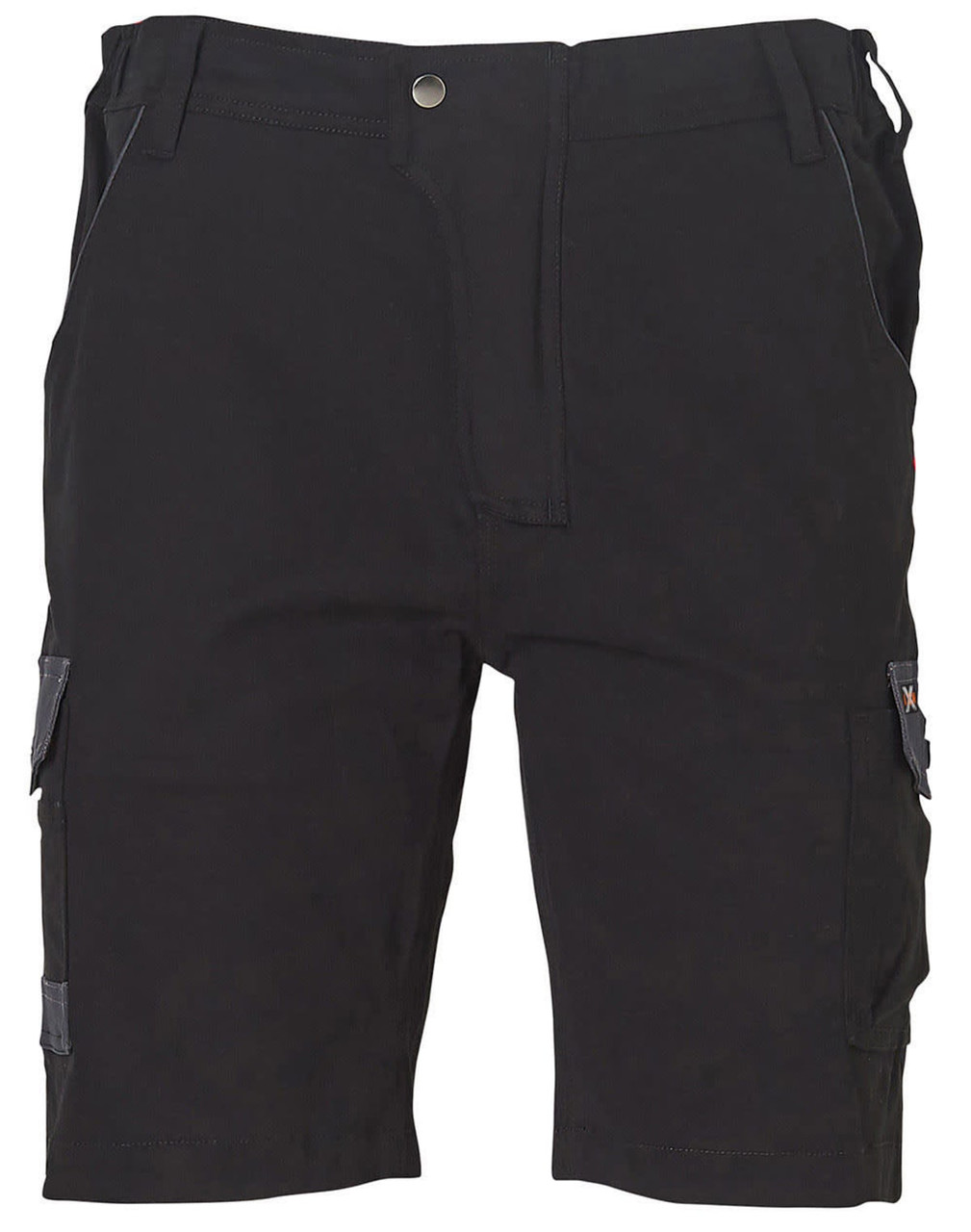 Work shorts in black with multiple pockets and a durable design. The garment features a logo on the side.