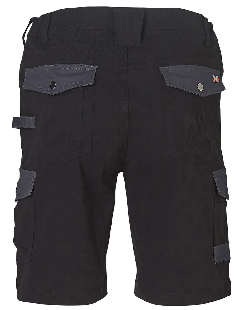 Black work shorts featuring grey accents, side pockets, and a back design. Includes branding on the product.