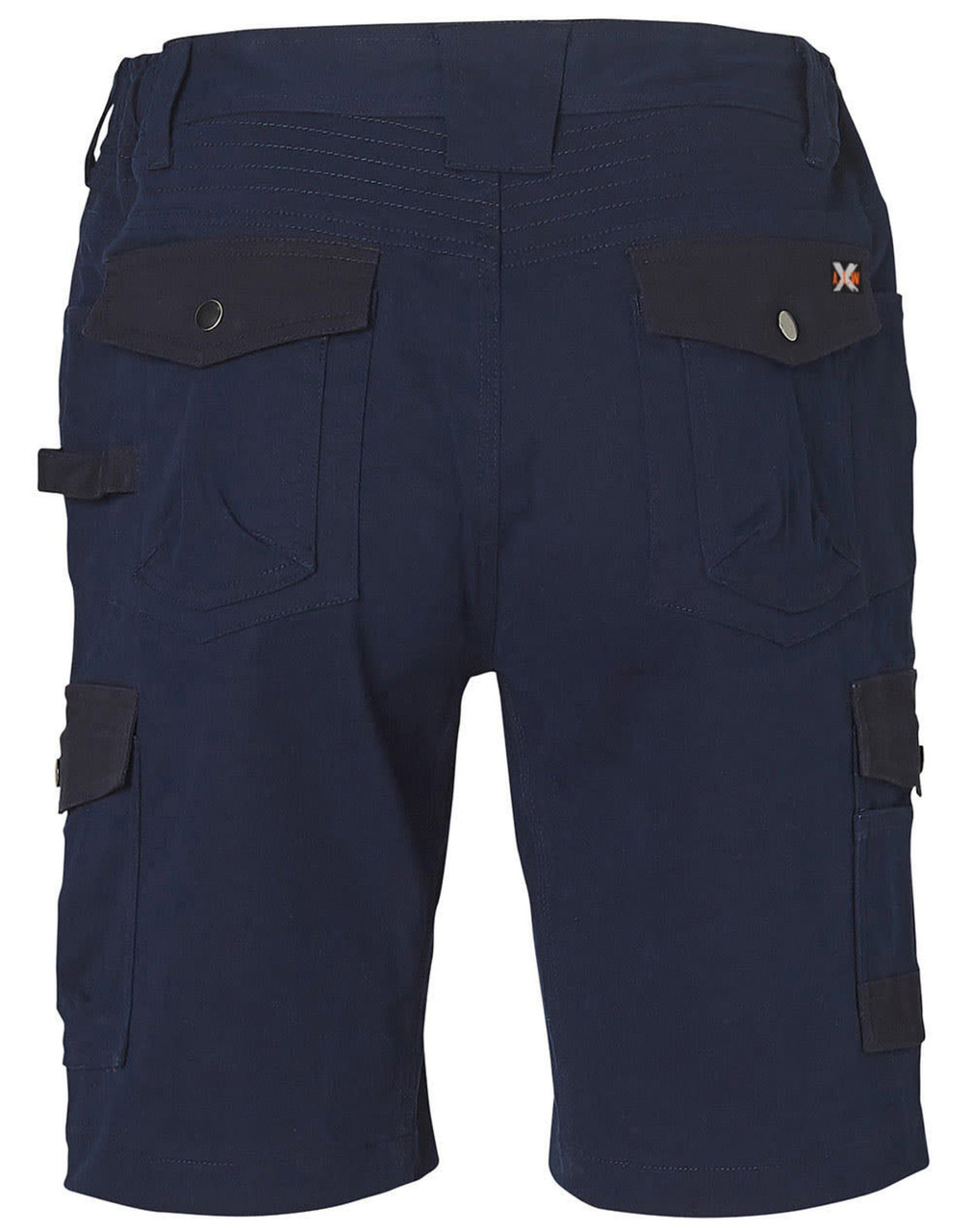 A pair of navy work shorts featuring multiple pockets and a logo on the waistband.