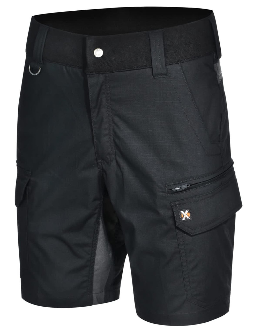 Black Rip-Stop Poly/Cotton Stretch Work Shorts with pocket details and a logo. Suitable for workwear.
