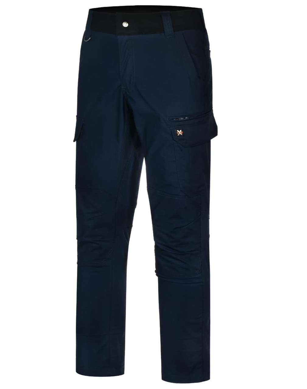 Navy blue poly/cotton stretch work pants with pockets and a logo. Suitable for workwear.