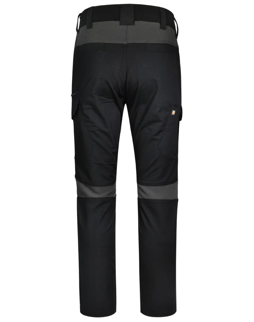 Black work pants with grey accents, featuring cargo pockets and a logo. Ideal for durability and comfort in workwear.