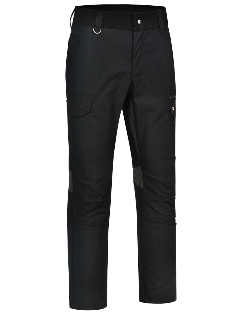 A pair of black work pants featuring rip-stop fabric, pockets, and a logo on the side.