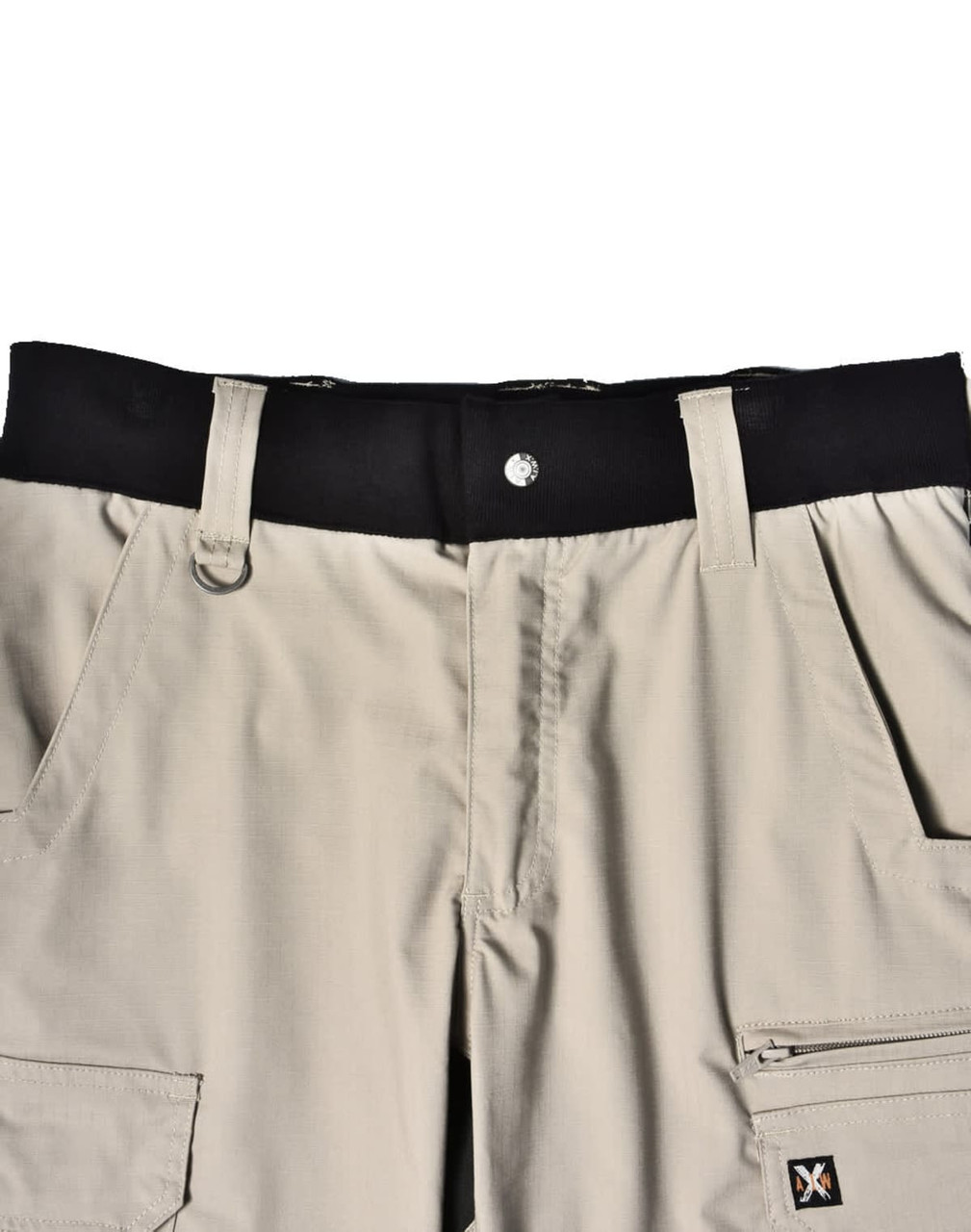 Rip-stop poly/cotton stretch work pants in beige with a black waistband and multiple pockets, featuring a logo.