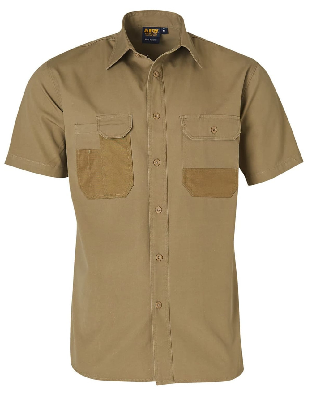 A short sleeve work shirt in khaki with two chest pockets and a logo. It features a classic collar design.