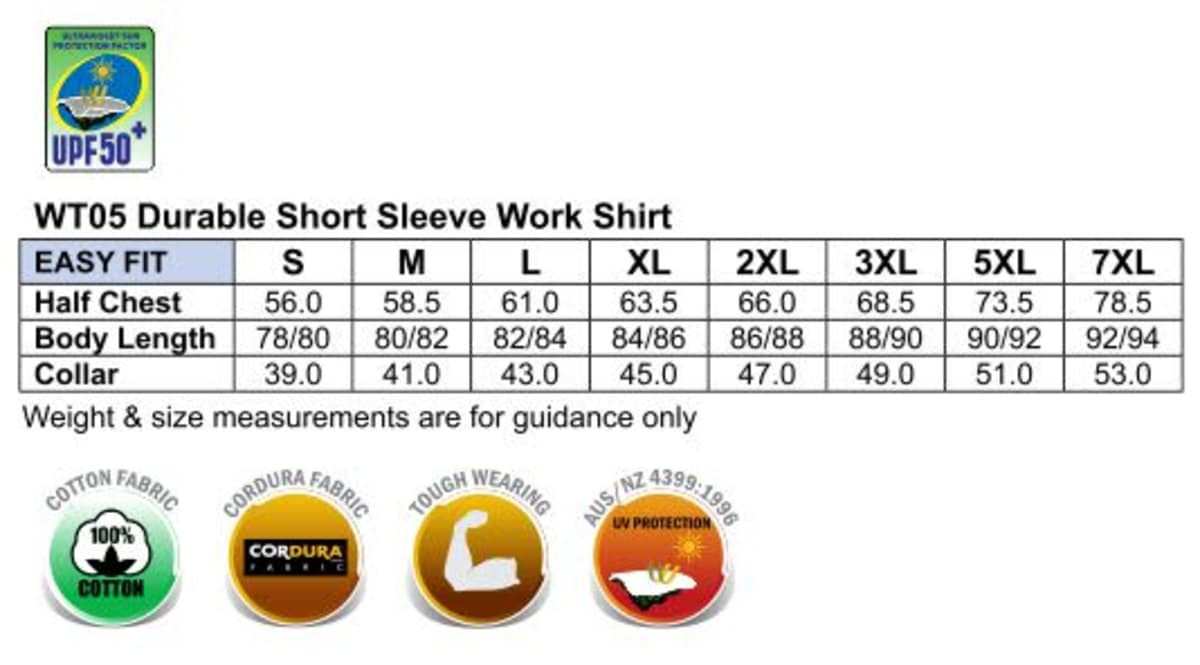 A product specification image featuring a durable short sleeve work shirt. It includes size charts and fabric details.