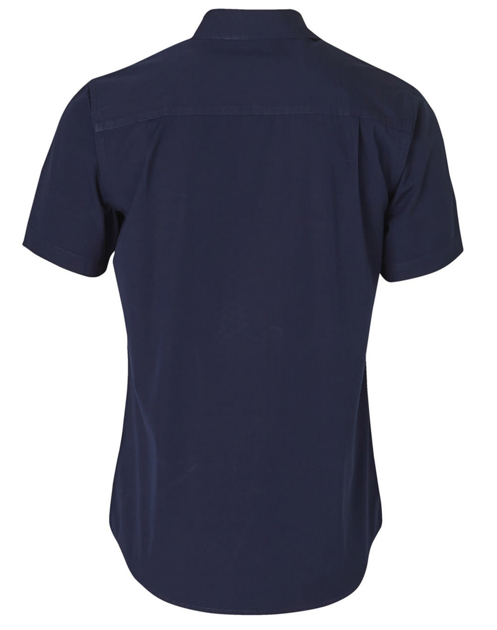 A navy blue short sleeve work shirt featuring a collar and a back yoke, with a branding logo on the label.