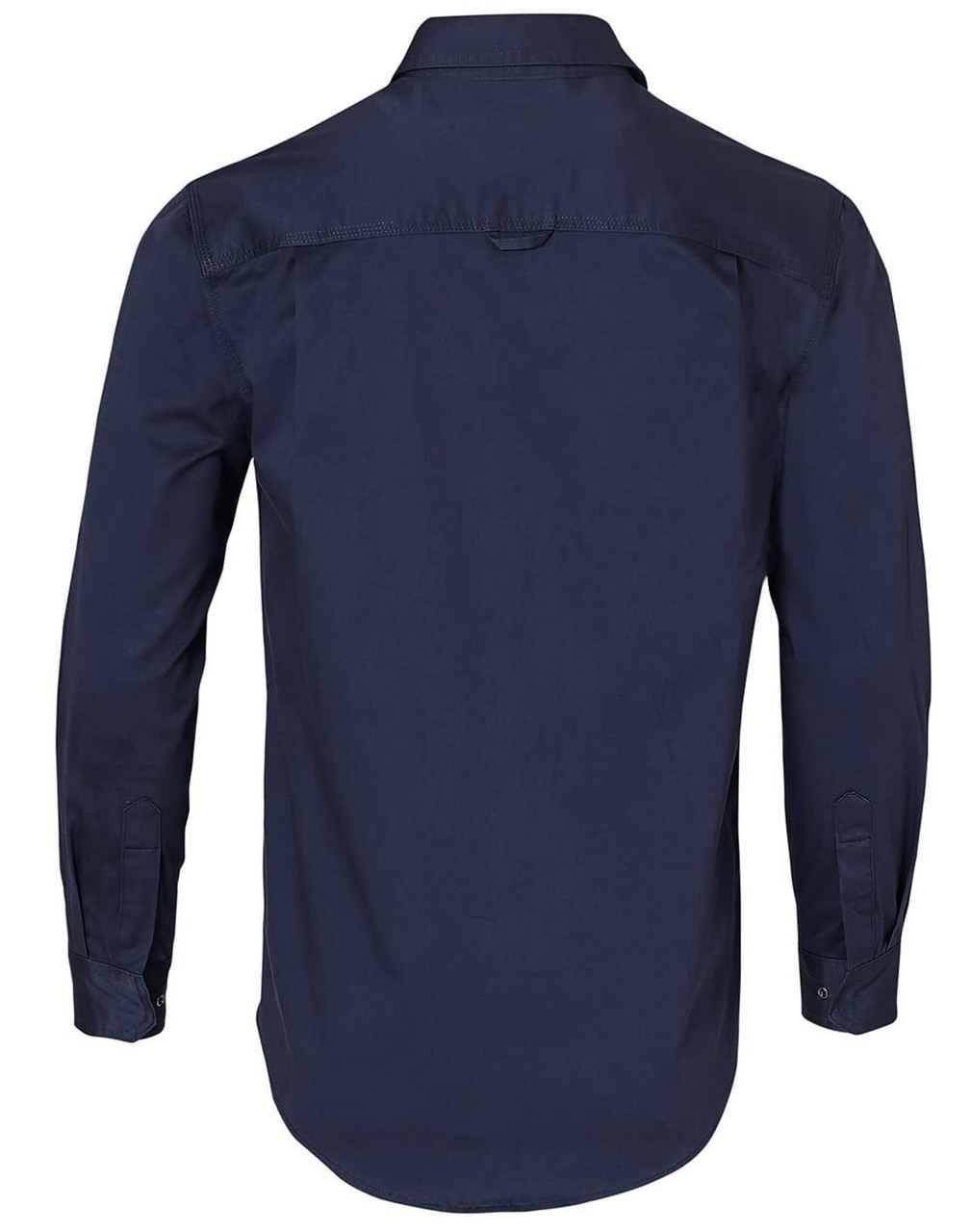 A navy long-sleeve work shirt with a buttoned collar and an adjustable cuff, featuring a logo on the back.