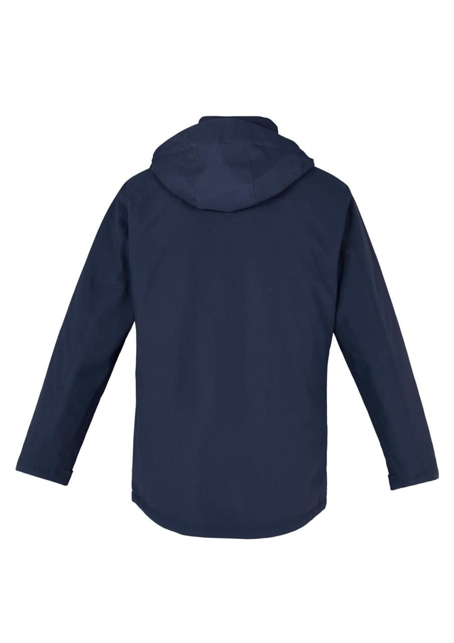 A navy rain jacket with a hood, featuring long sleeves and a plain design on the back. It includes a logo.
