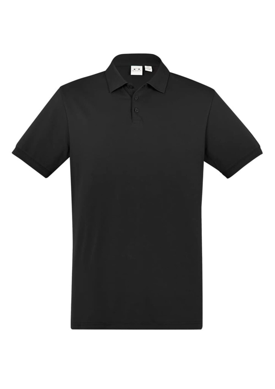 A black short sleeve polo shirt with a collar, featuring a logo on the chest. Suitable for casual wear.