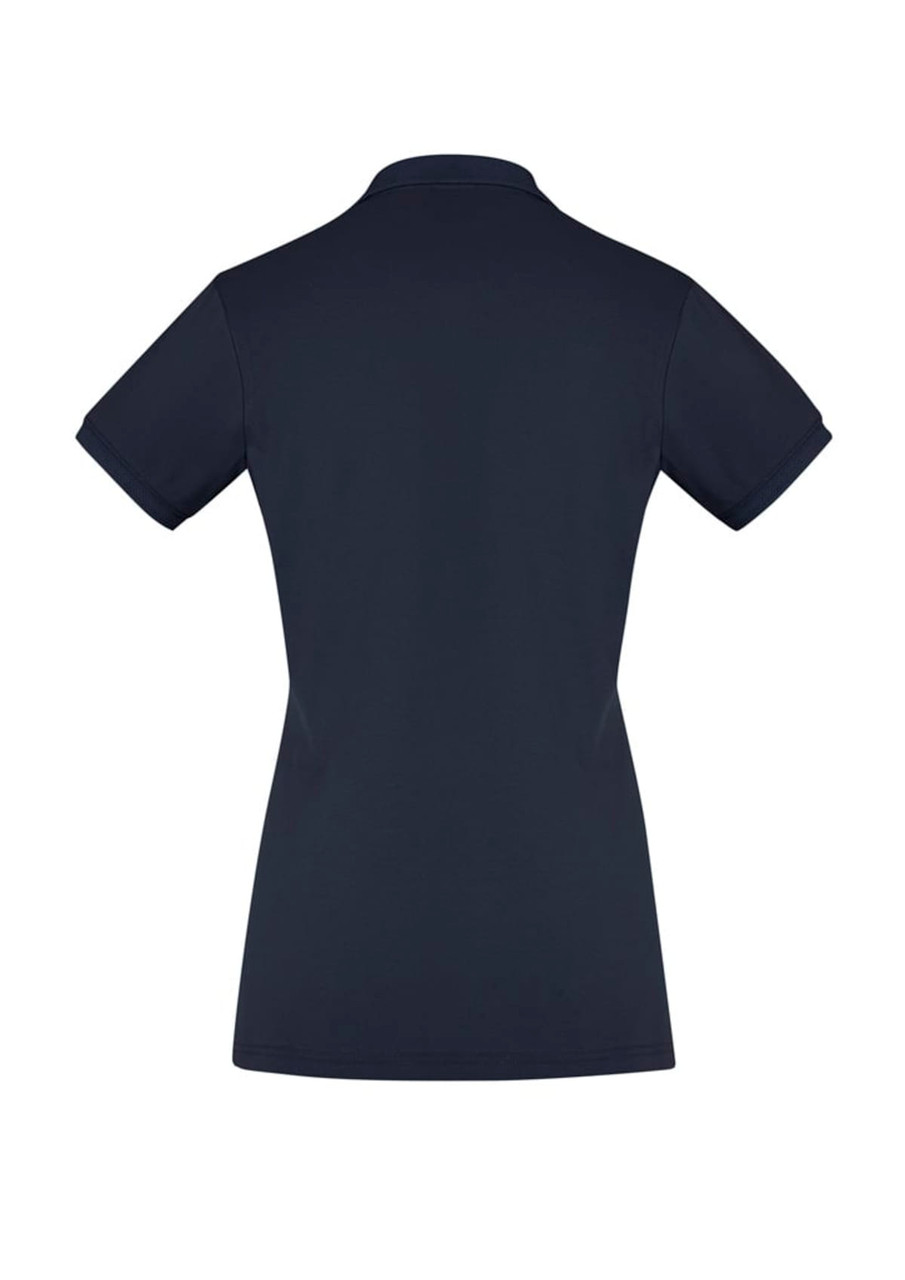 A navy women's short sleeve polo shirt with a fitted design and a collar. Features a logo.