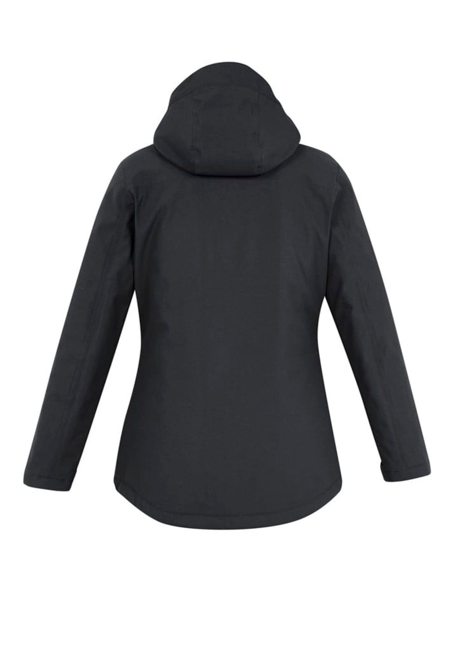 A women's rain jacket in dark grey with a hood, featuring a simple design and a logo on the back.