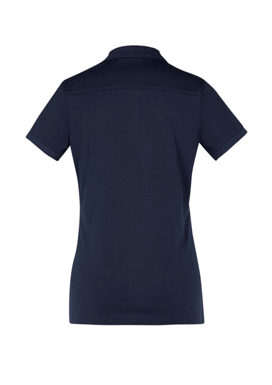 A navy women's short sleeve polo shirt with a classic collar, featuring a logo on the front.