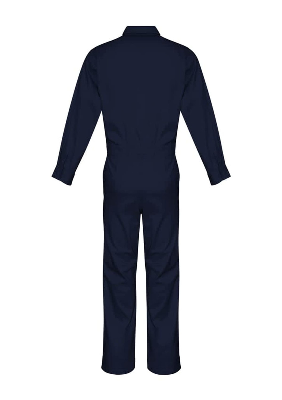 A navy lightweight cotton drill overall featuring long sleeves and a full back design, suitable for uniforms.