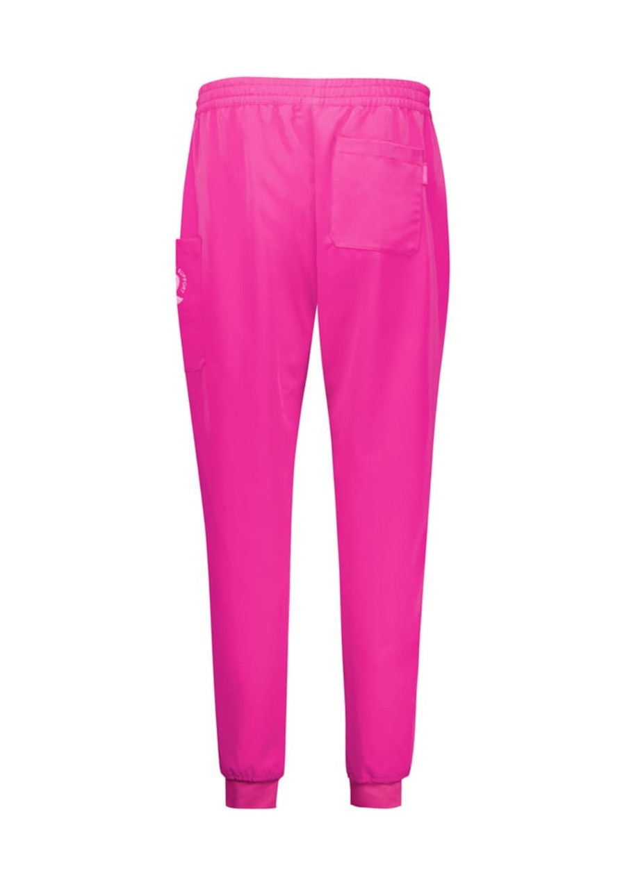 Pink jogger scrub pants with an elastic waistband and side pockets. Features branding on the leg.