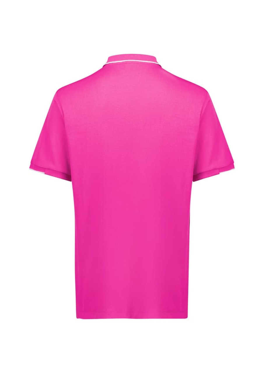 A pink short sleeve polo shirt with a plain back and a collar, featuring a small logo.