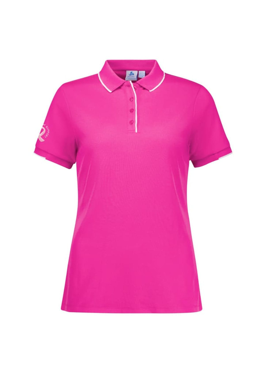 A women's short sleeve polo shirt in vibrant pink featuring a subtle logo on the sleeve.