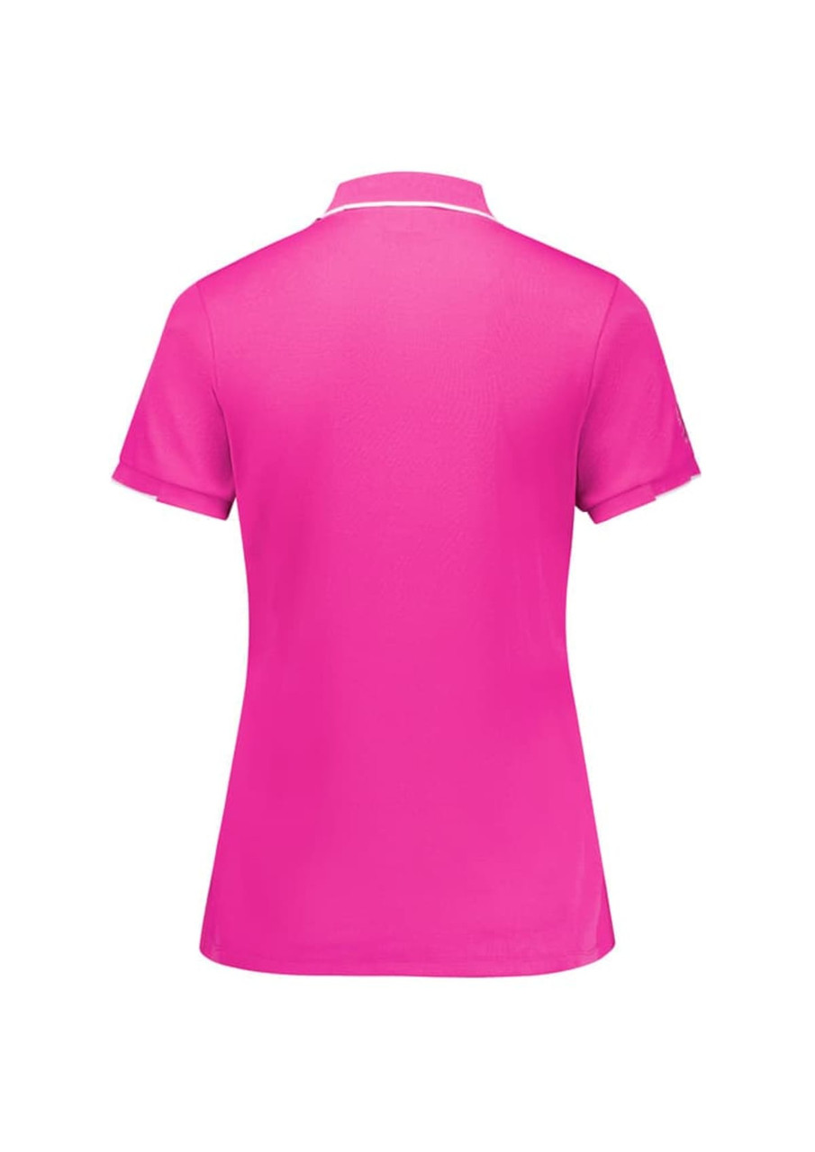 A vibrant pink women's short sleeve polo shirt featuring a classic collar and back view.
