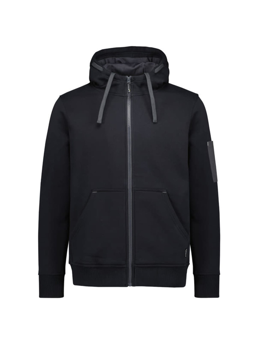 A black unisex zip front hoodie featuring a multi-pocket design and a hood. It includes a logo on the sleeve.