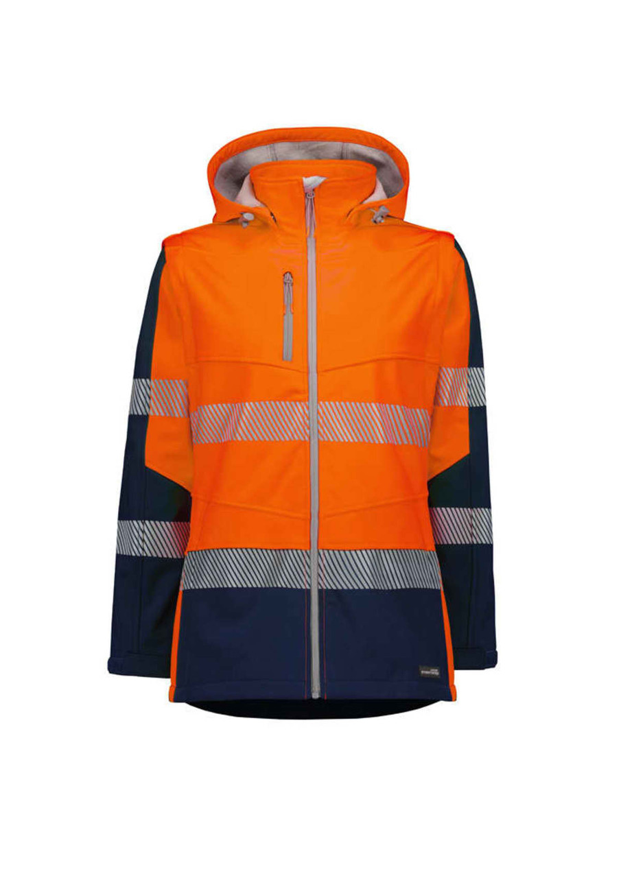 A women's softshell jacket in bright orange and navy, featuring reflective stripes and a zippered front.