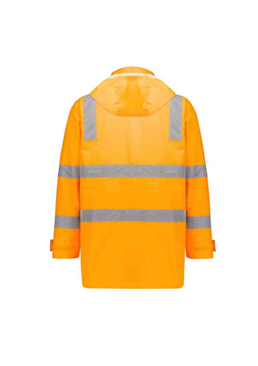 A waterproof, unisex hi-vis jacket in bright orange with reflective stripes and a hood. Features a logo.