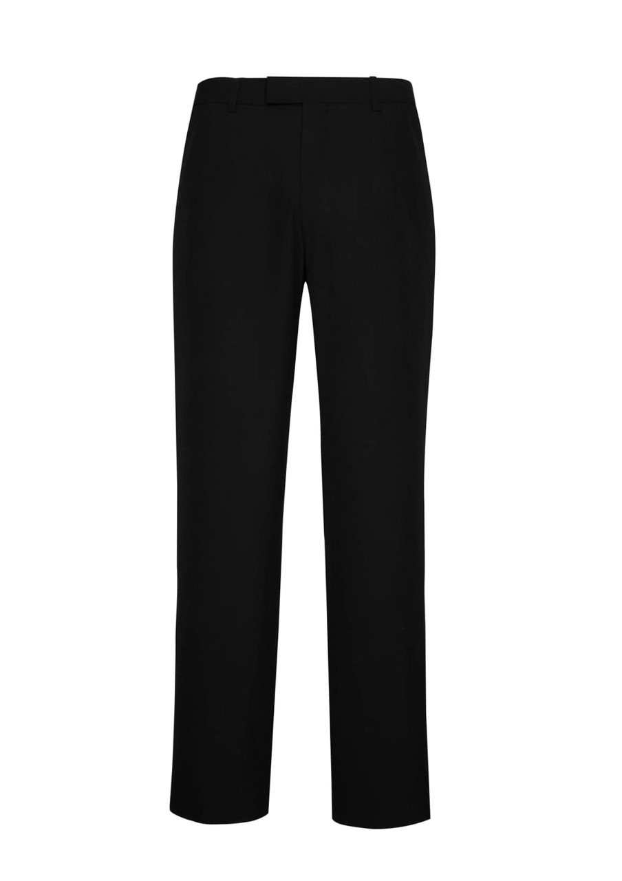 A pair of black adjustable waist slacks, featuring a sleek design and a waistband for comfort.
