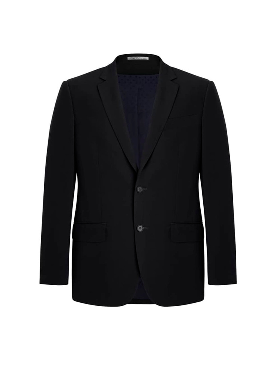 A black men's suit jacket featuring a two-button design and a classic blazer style with a logo.
