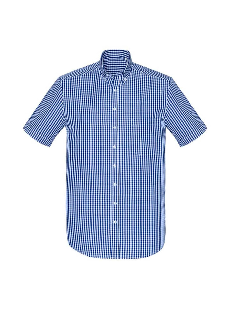 A short sleeve, button-up shirt featuring a blue and white gingham check pattern. Includes a collar and front buttons.