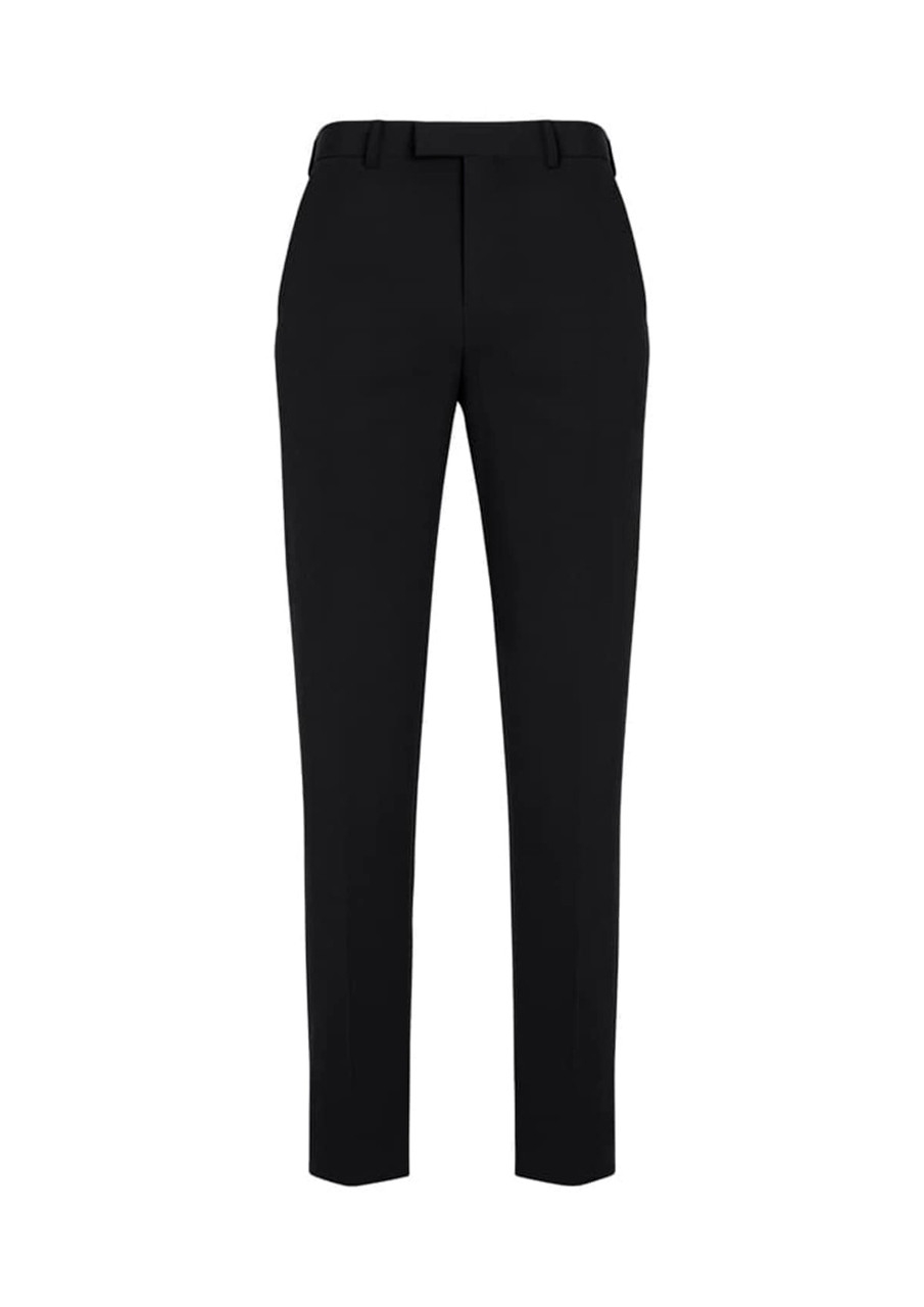 A pair of black slim fit flat front pants with a sleek design and a branding logo on the waistband.