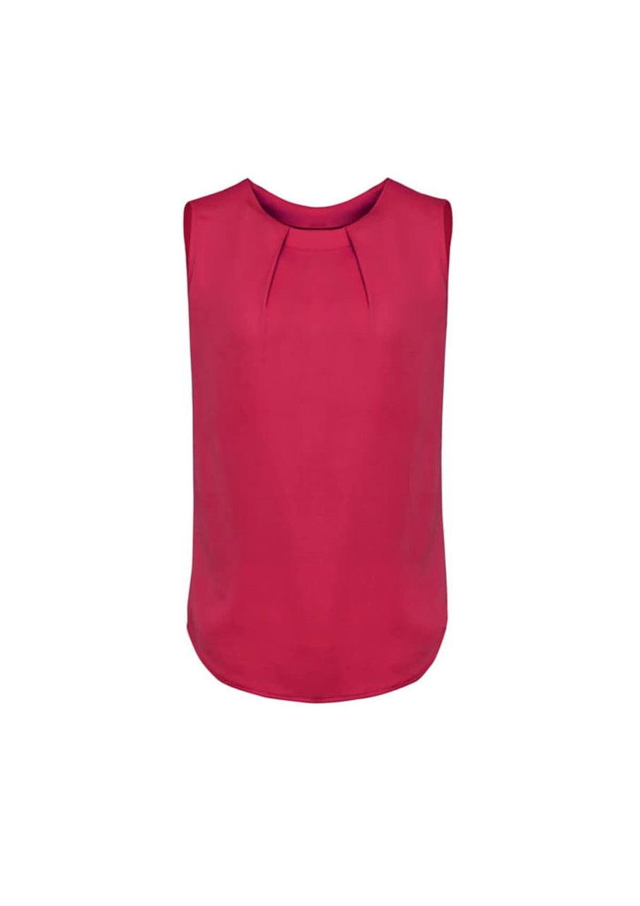 A sleeveless blouse in a rich magenta colour featuring pleat details at the front. It has a smooth, relaxed fit.