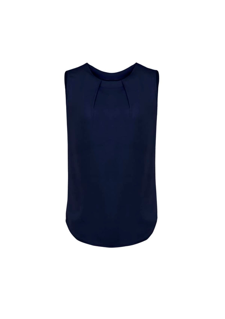 A navy sleeveless blouse with pleat detail at the front, featuring a rounded neckline and a curved hem.