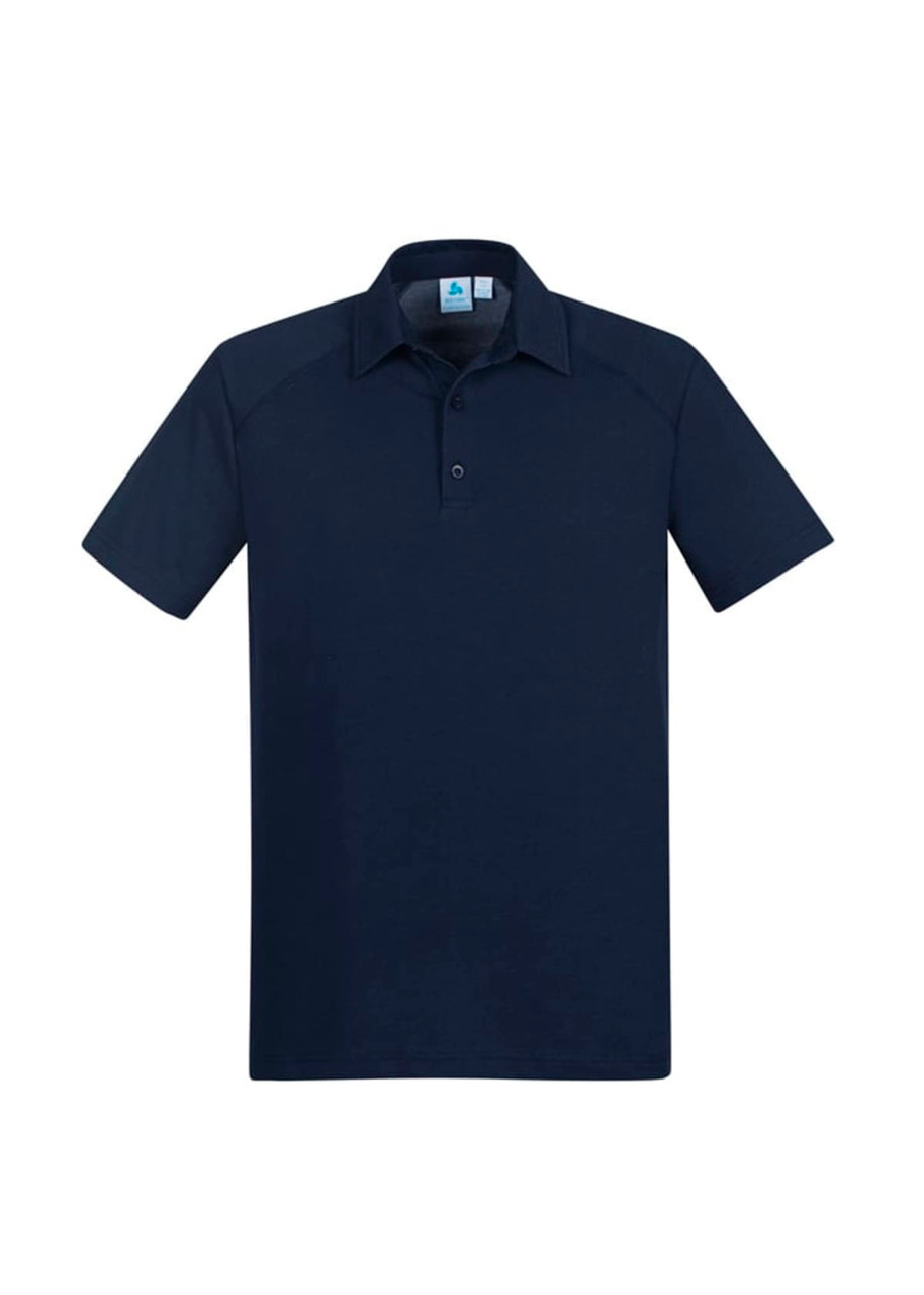 A navy short sleeve polo shirt featuring a collar and a branded logo. Casual and versatile design.