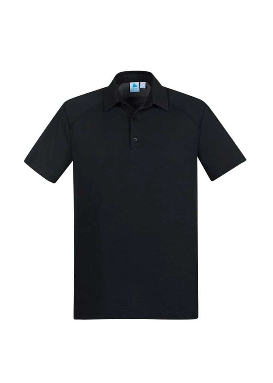 A black men's polo shirt with short sleeves and a collar, featuring a logo on the chest.