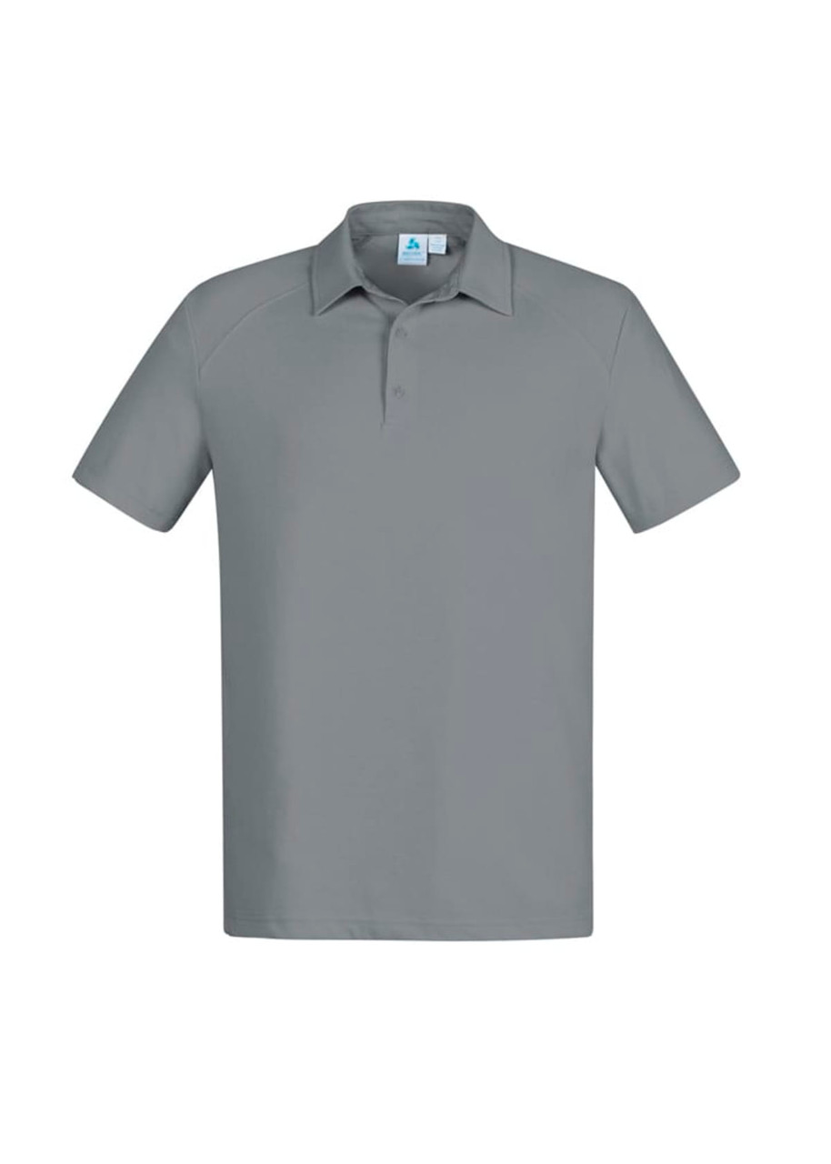 A light grey short sleeve polo shirt with a collar and a logo on the chest.