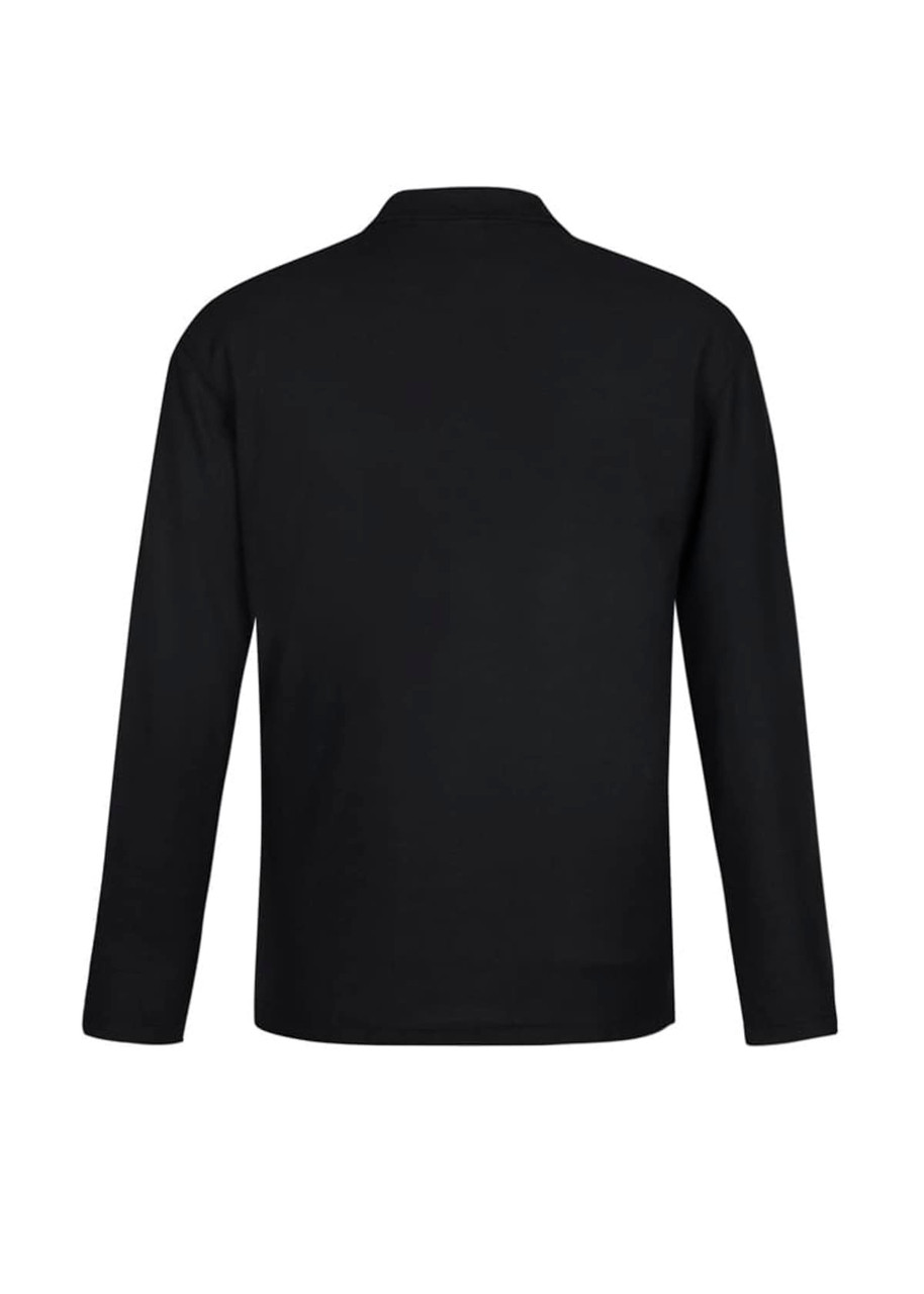 A black long sleeve polo shirt with a collar, featuring a logo on the back.