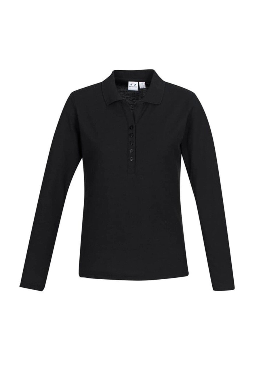 A black long sleeve polo shirt featuring a buttoned placket and a logo on the label.