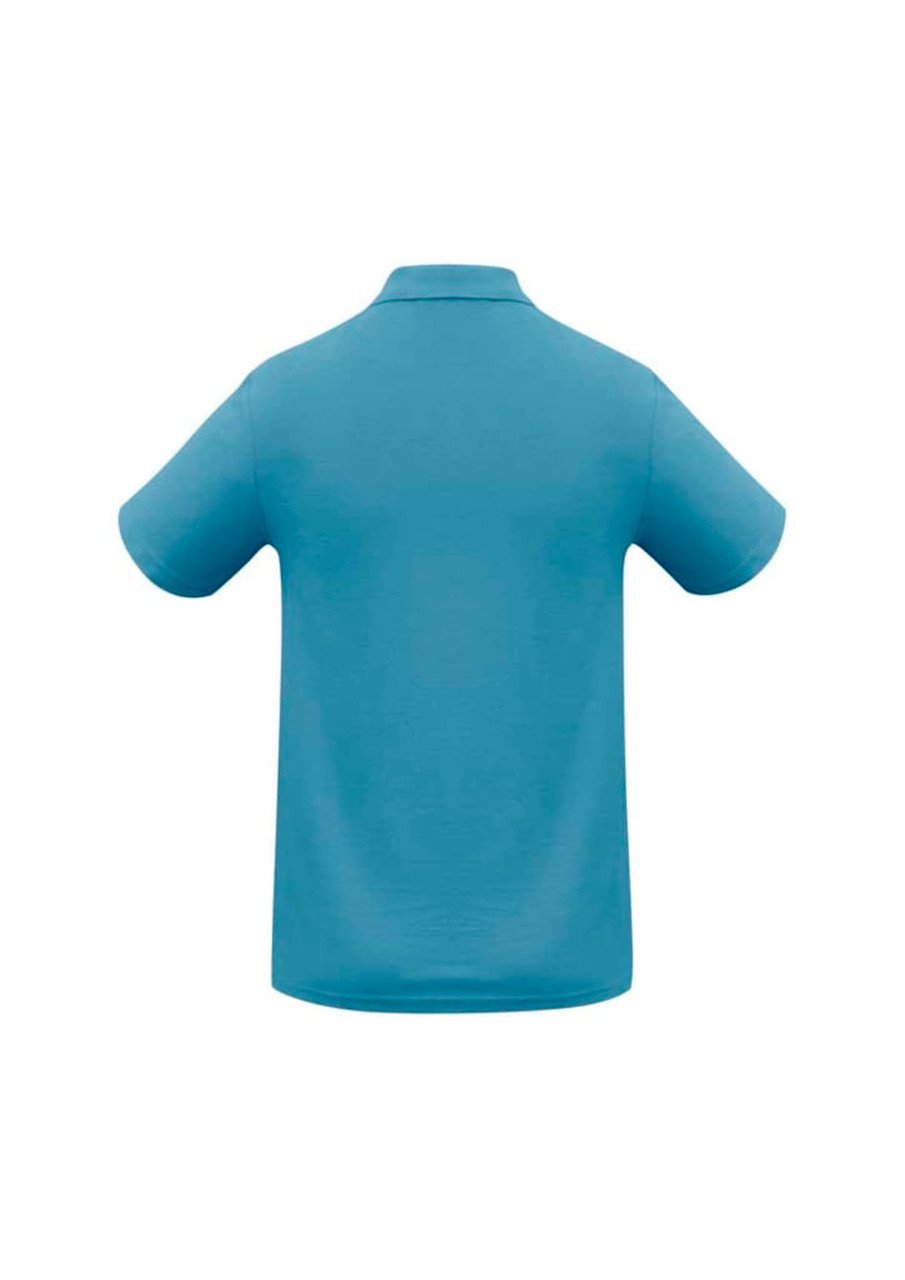 A blue men's polo shirt with a collar and short sleeves, featuring a logo.