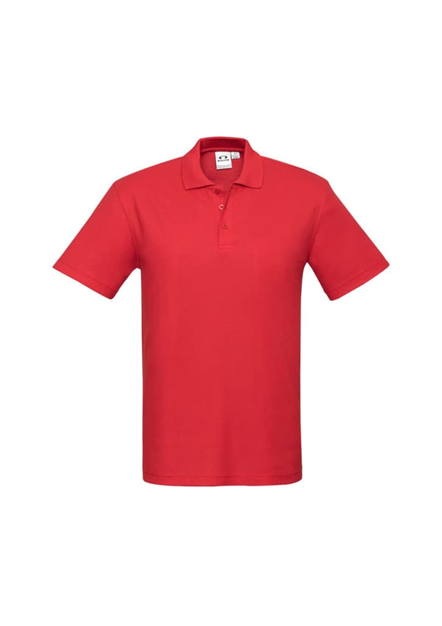 A red men's polo shirt with a classic collar and a logo on the chest area.