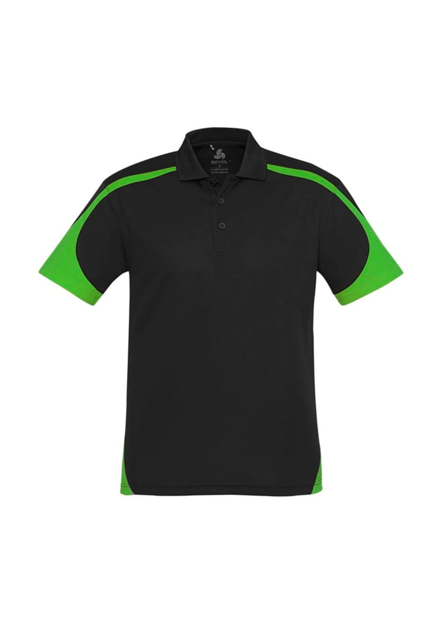 A black polo shirt with green accents on the sleeves and sides, featuring a logo.