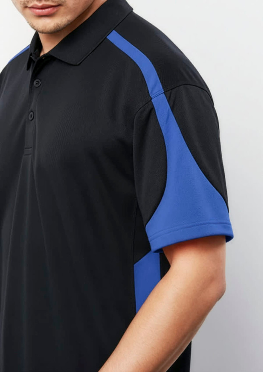 A black polo shirt with blue accents, featuring a collar and short sleeves. The shirt has a logo on it.